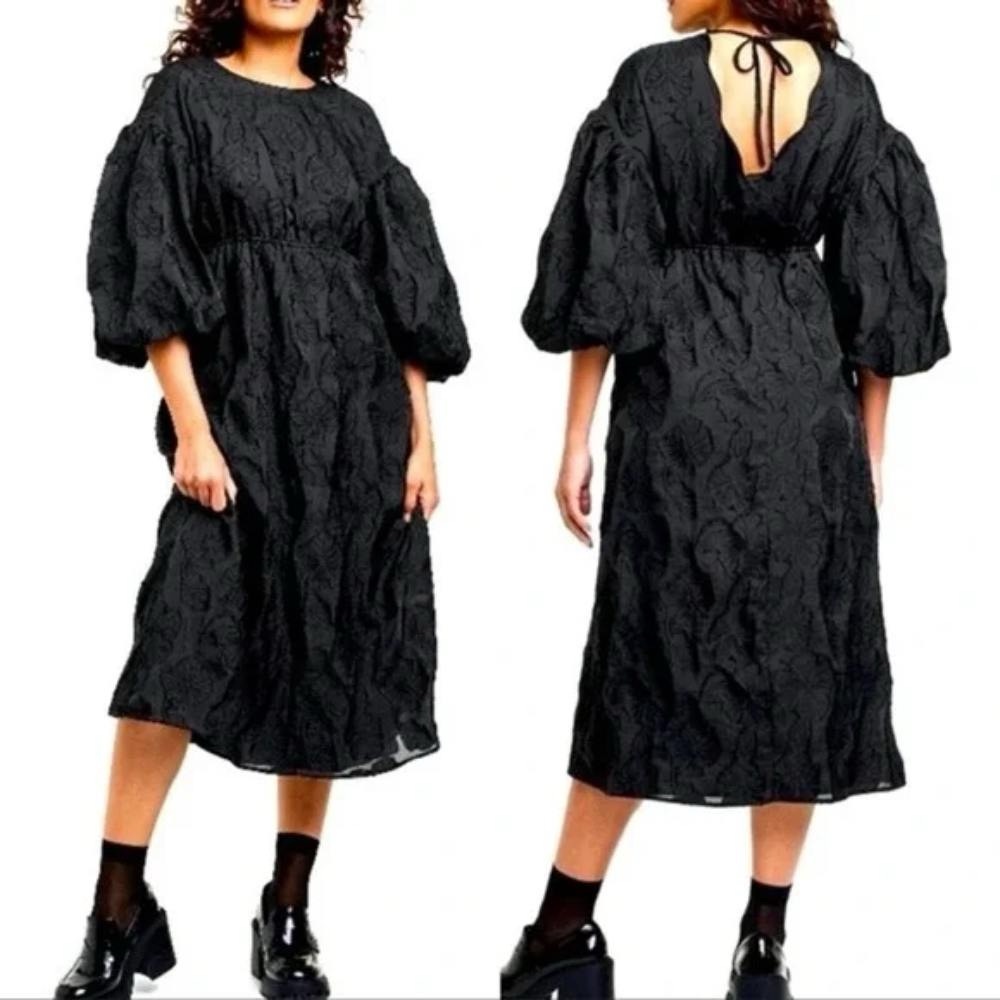 NWT Kika Vargas black oversized midi dress balloon sleeve floral texture goth M